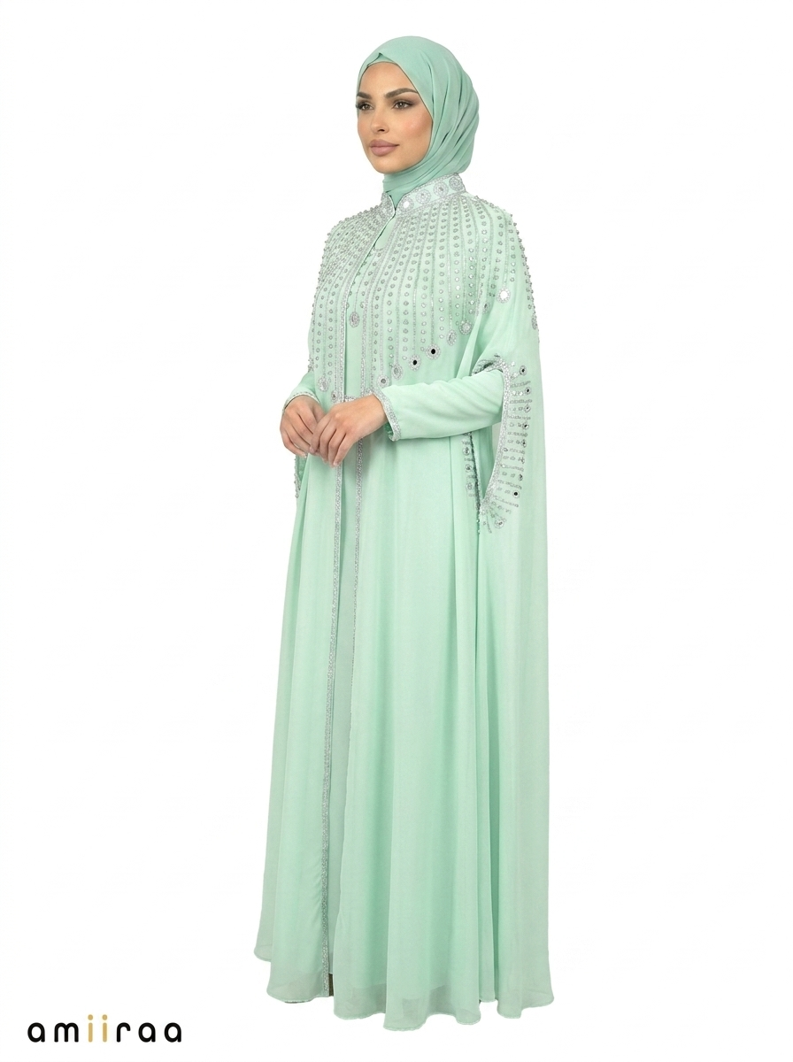 Lichen Elegant Embellished Open Abaya with Sheer Cape