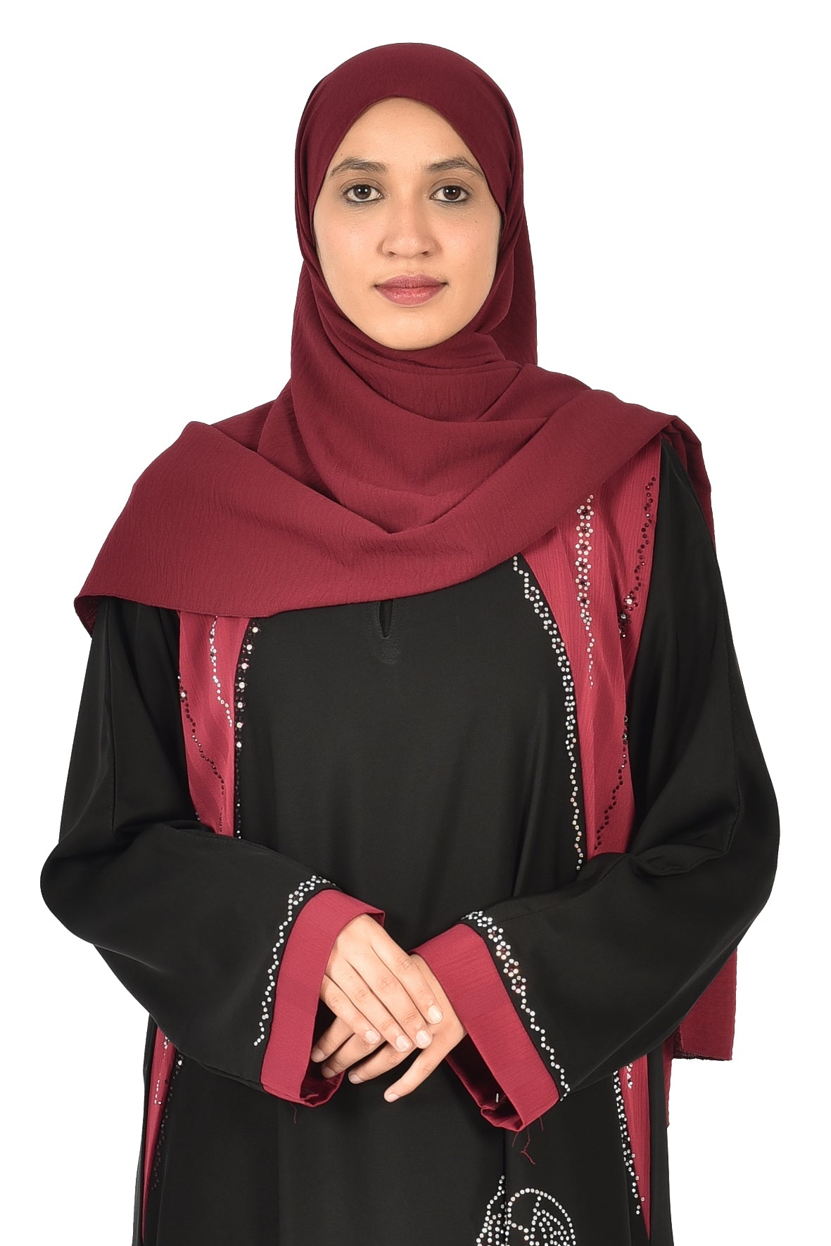 Black Abaya with Burgundy Accents and Elegant Embroidery – Sophisticated Modern Look (ladies abaya)