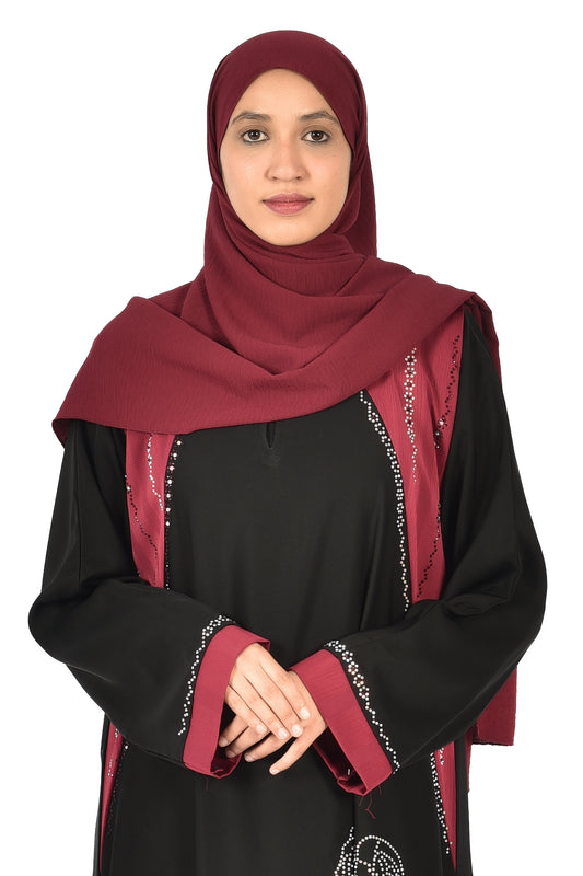 Black Abaya with Burgundy Accents and Elegant Embroidery – Sophisticated Modern Look (ladies abaya)