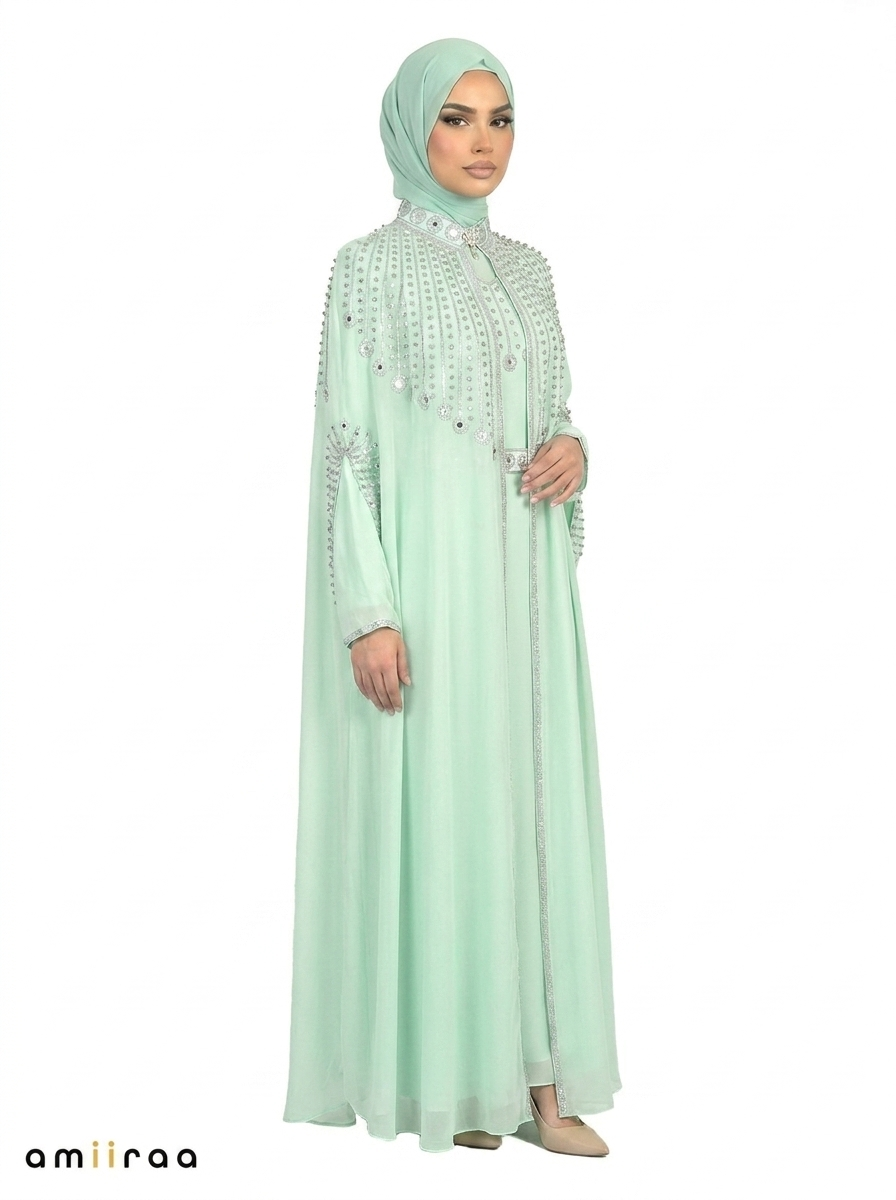 Lichen Elegant Embellished Open Abaya with Sheer Cape