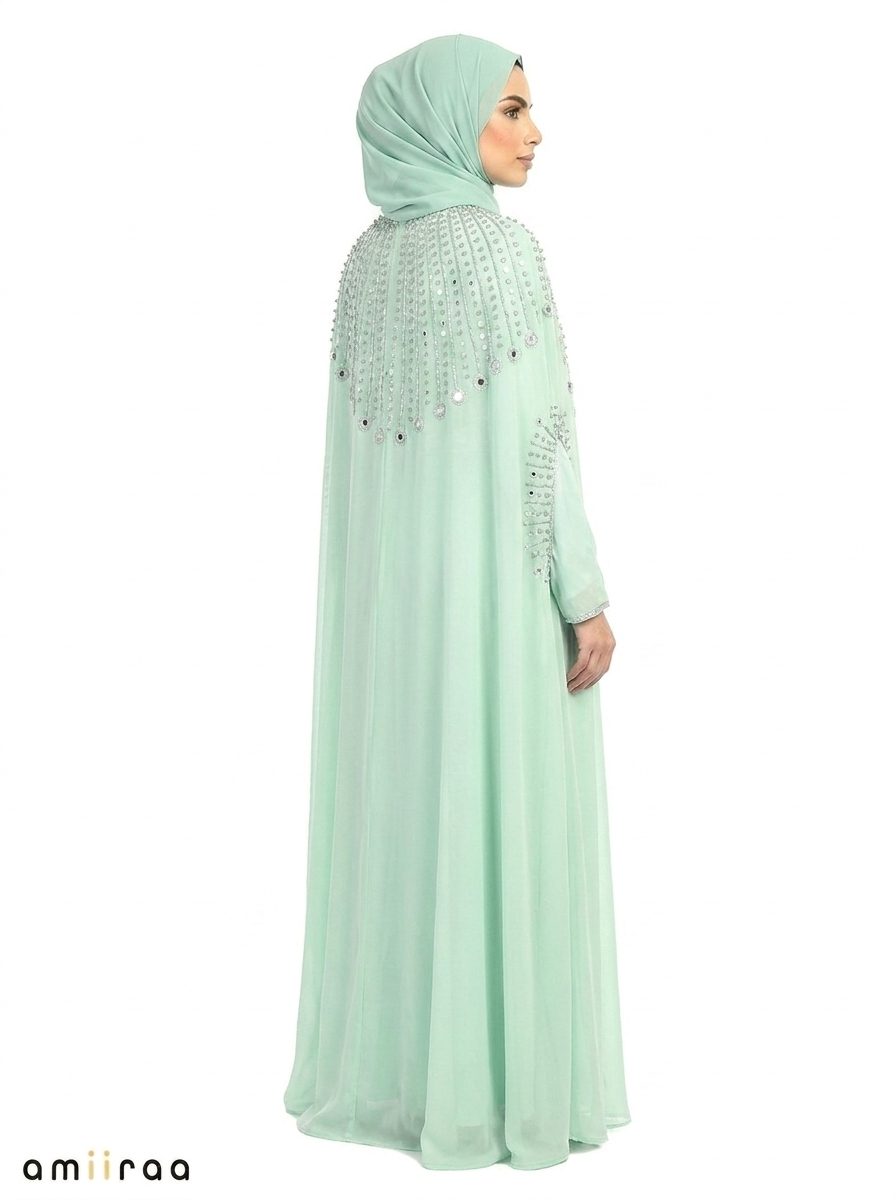 Lichen Elegant Embellished Open Abaya with Sheer Cape