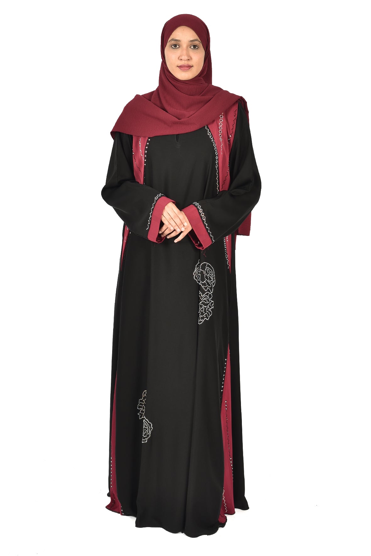 Black Abaya with Burgundy Accents and Elegant Embroidery – Sophisticated Modern Look (ladies abaya)