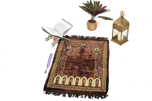 Premium Prayer Rug – Islamic Design with Gold Embroidery on Brown Background ( musallahs )