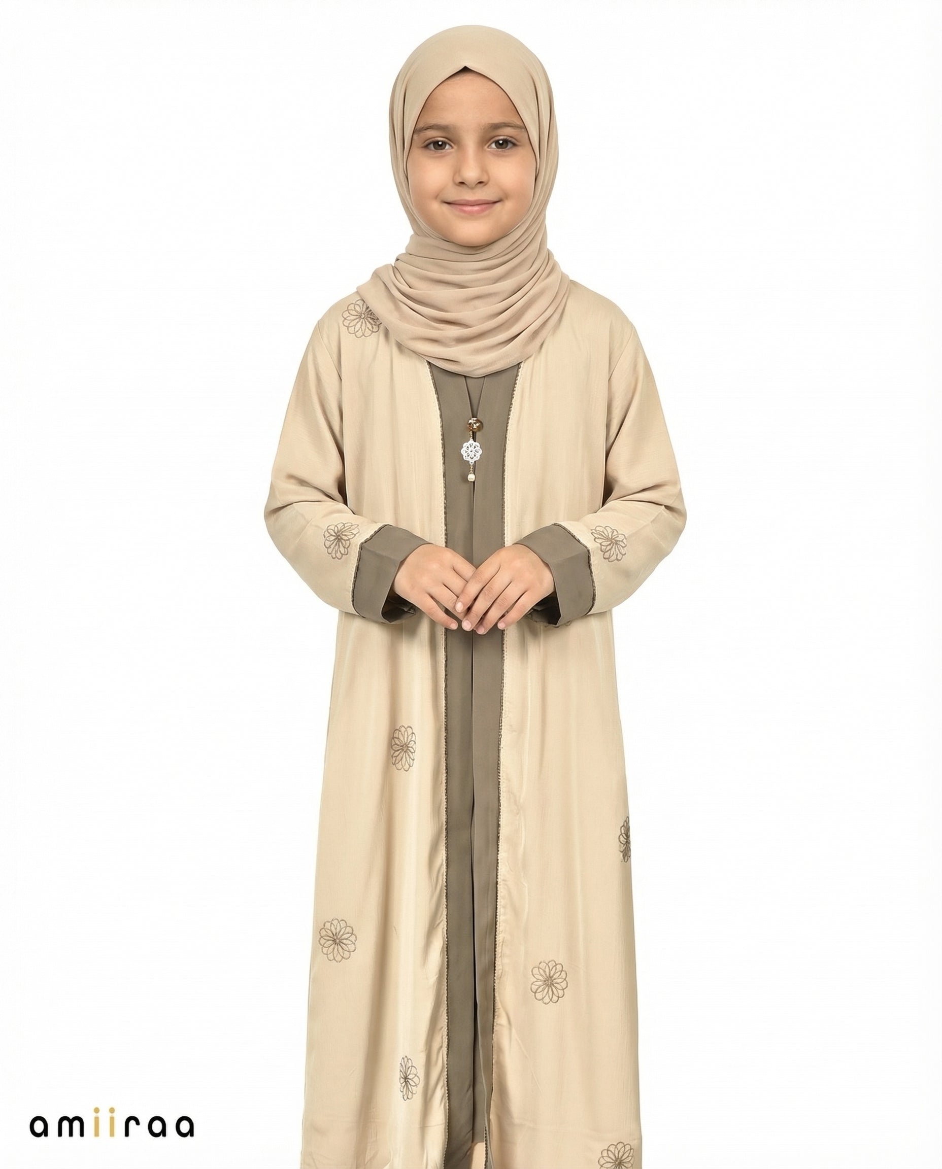 Abbey Stone Girls Floral Embroidered Open Abaya with Inner Dress