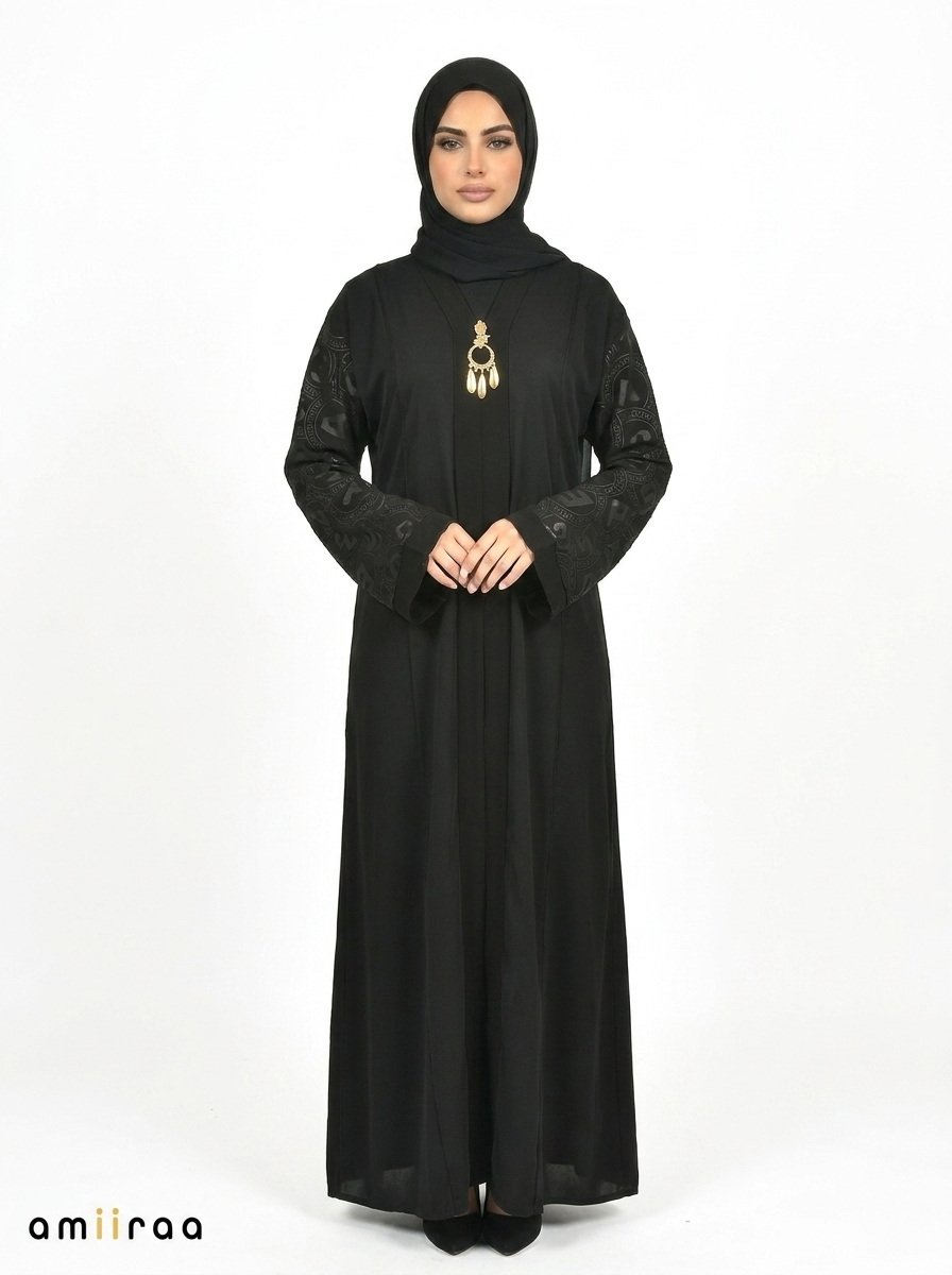 Women’s Elegant Black Abaya with Embossed Sleeve Detail