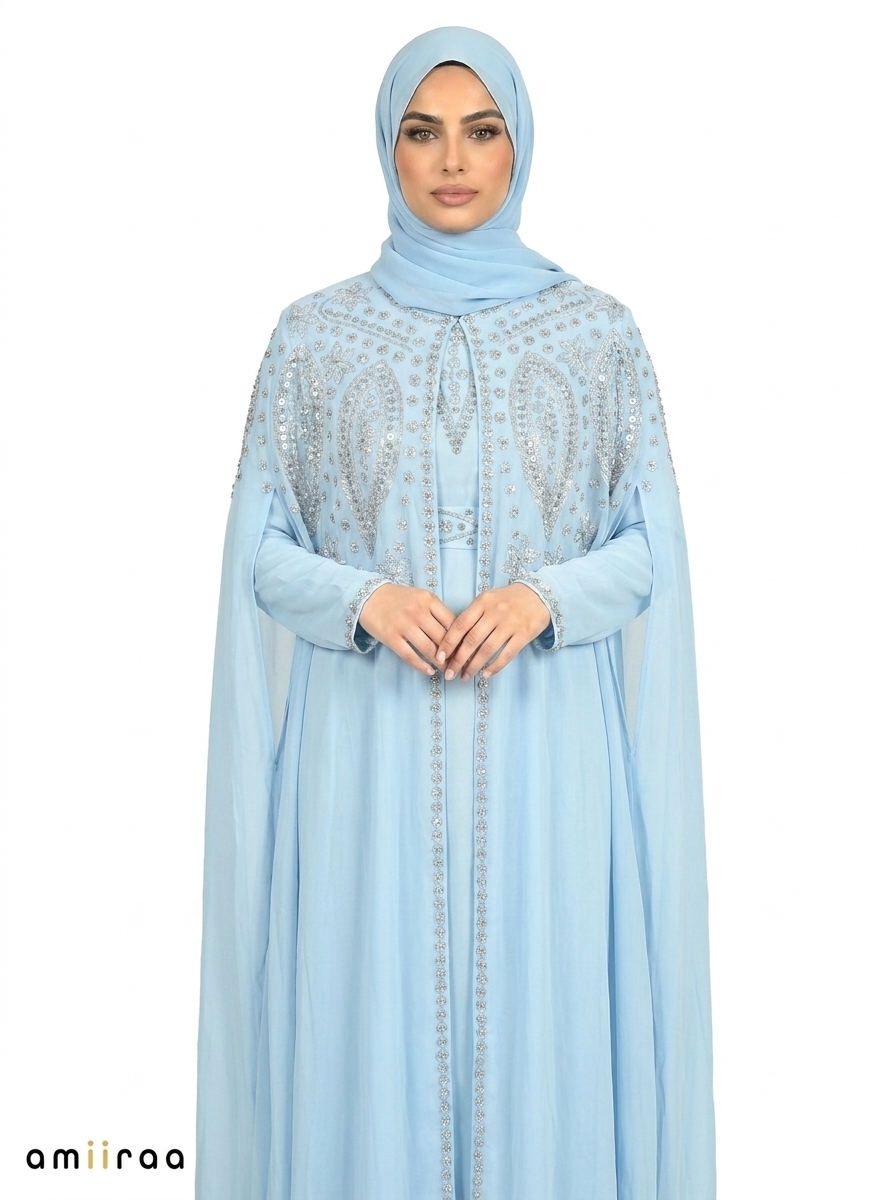 Blue Bel Elegant Intricate Beaded Front Pattern Open Abaya