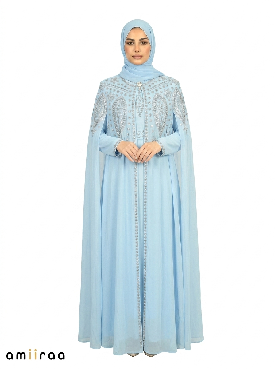 Blue Bel Elegant Intricate Beaded Front Pattern Open Abaya