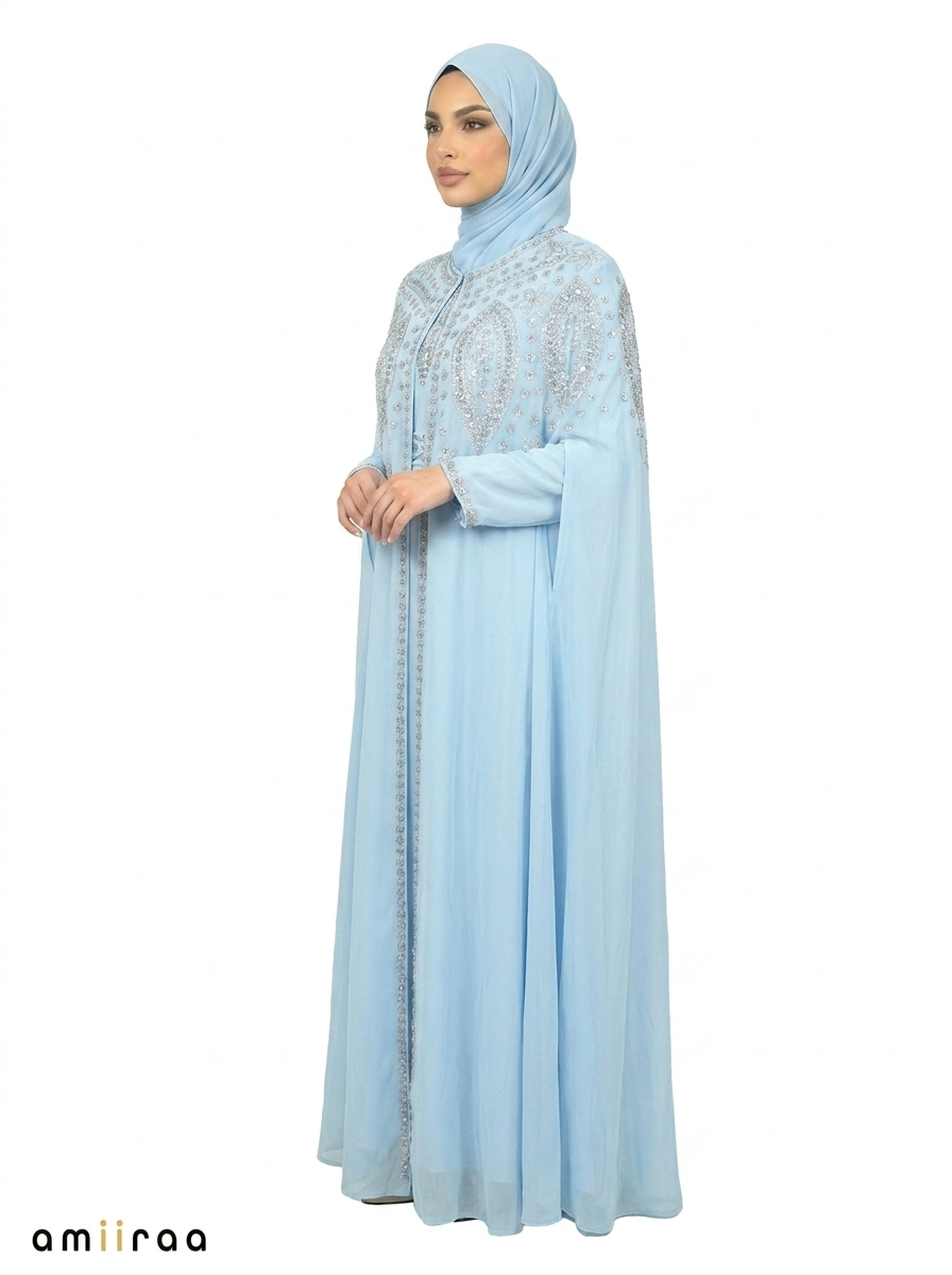 Blue Bel Elegant Intricate Beaded Front Pattern Open Abaya