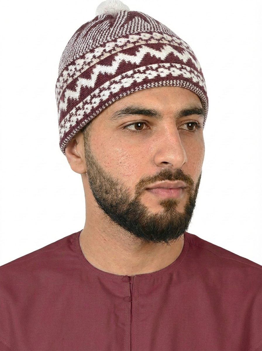 Red & White Pattern Wool Winter Cap
