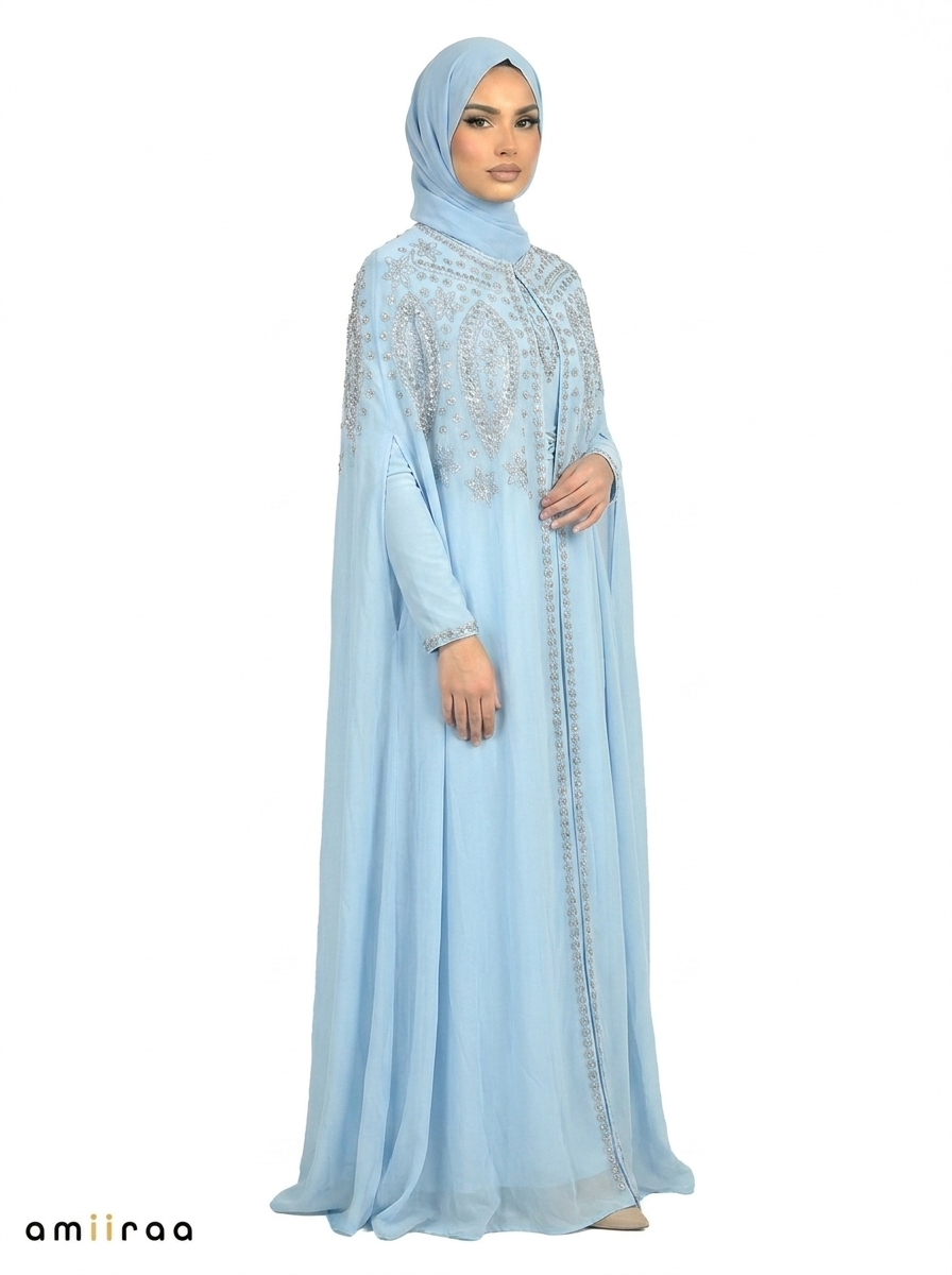 Blue Bel Elegant Intricate Beaded Front Pattern Open Abaya