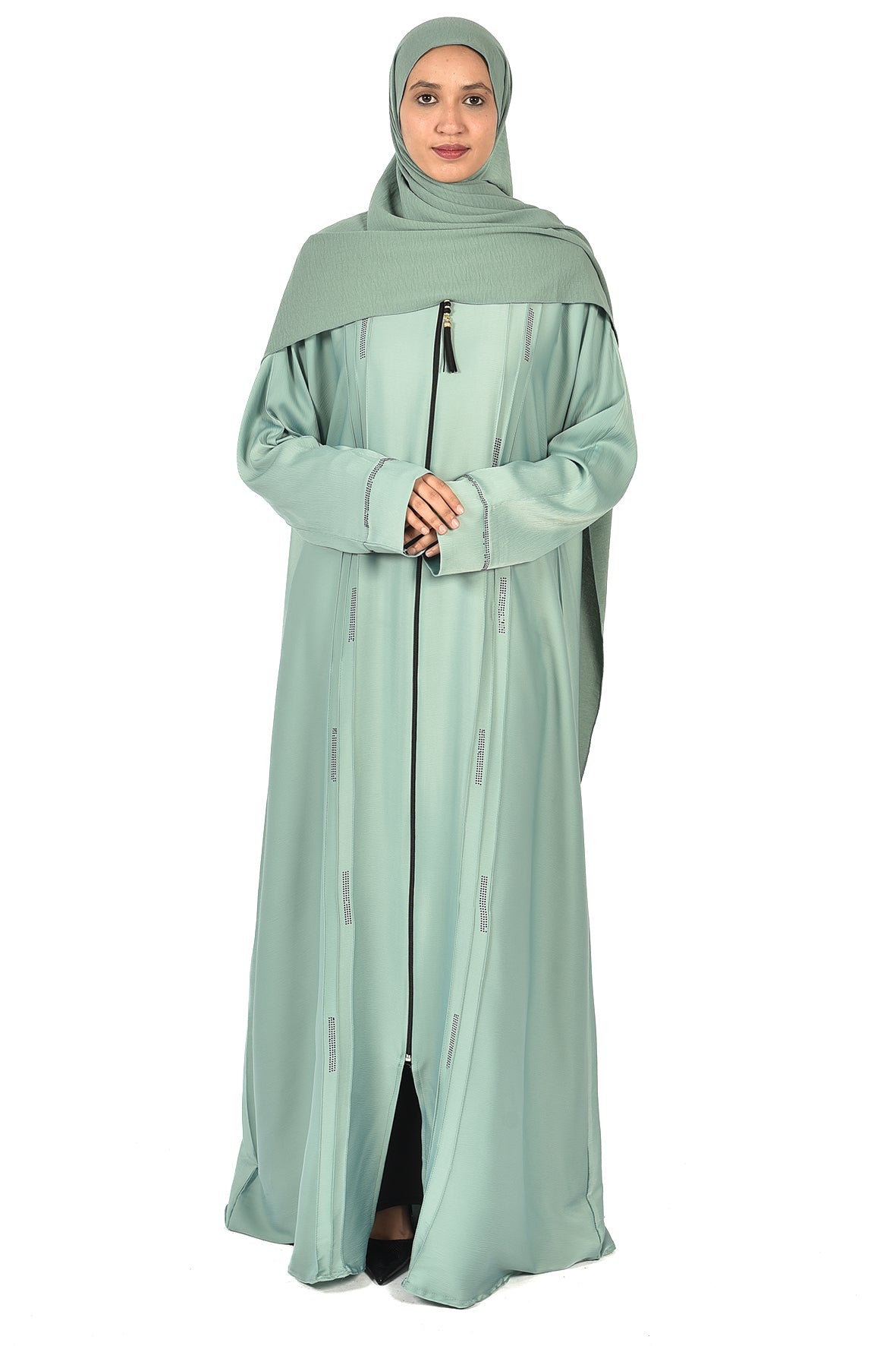 Light Green Abaya with Front Zipper and Rectangular Embroidery – Soft & Elegant Style (ladies abaya )