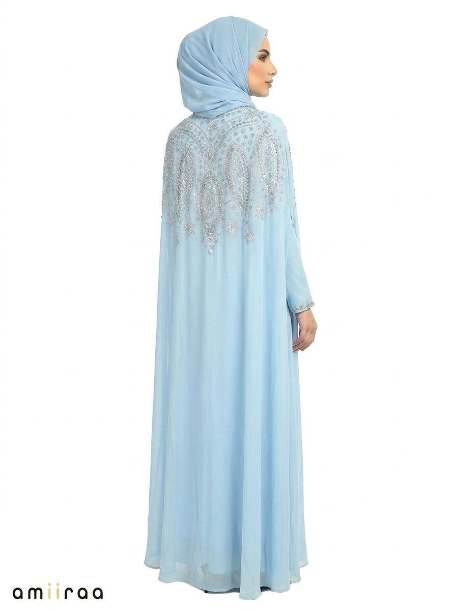 Blue Bel Elegant Intricate Beaded Front Pattern Open Abaya