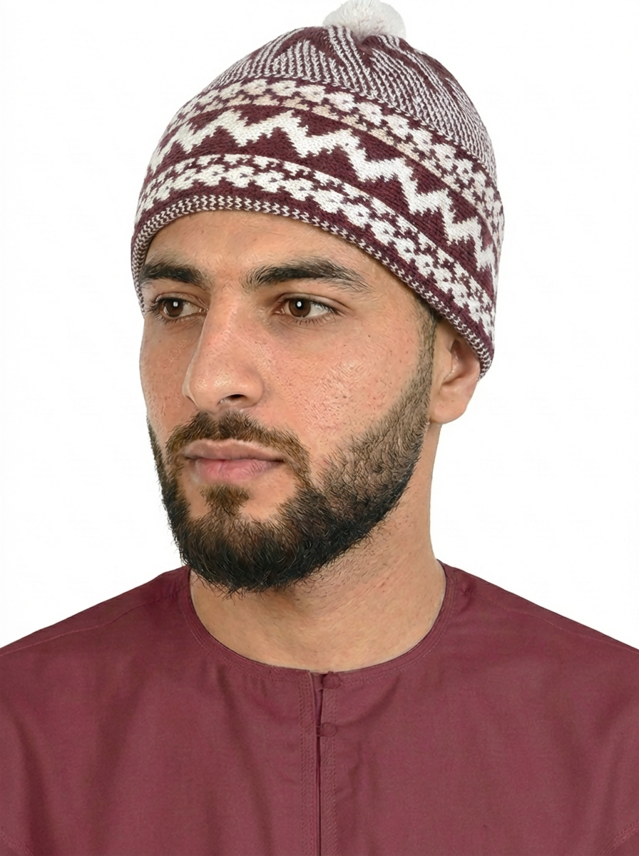 Red & White Pattern Wool Winter Cap