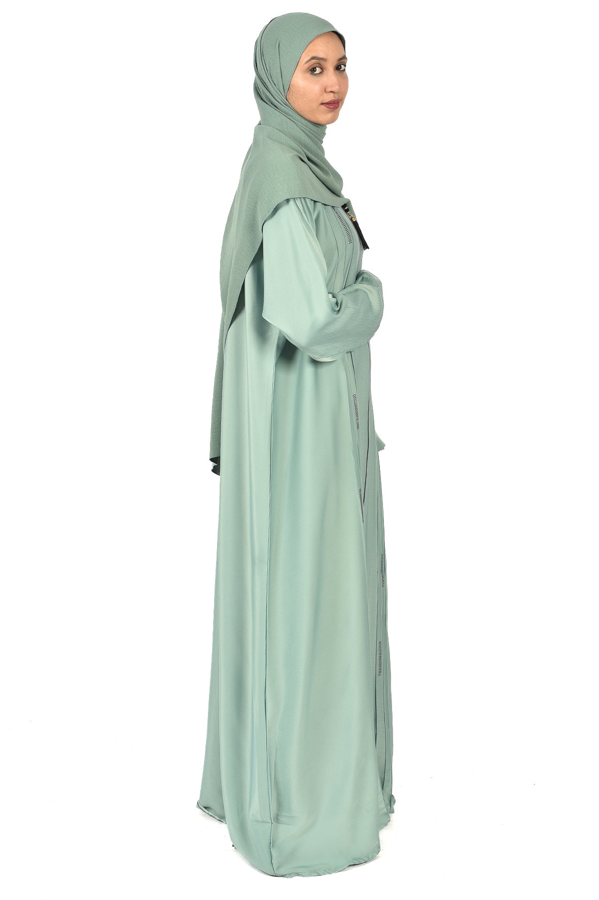 Light Green Abaya with Front Zipper and Rectangular Embroidery – Soft & Elegant Style (ladies abaya )