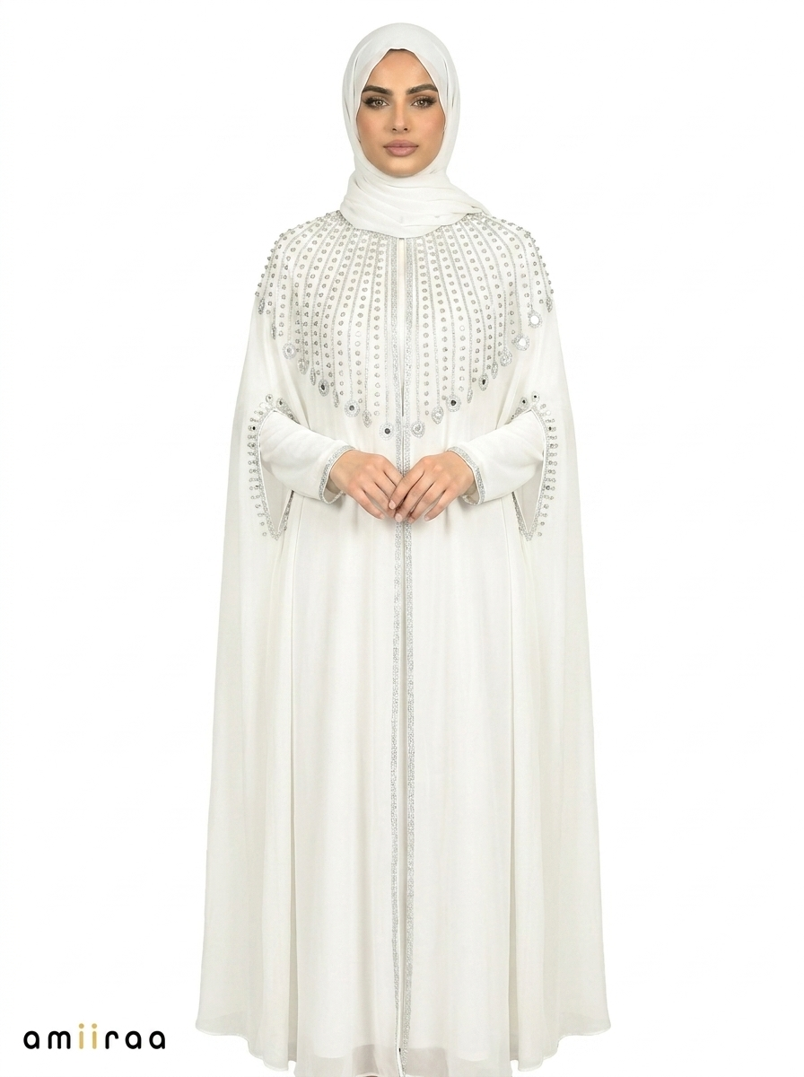 Bit of Blue Elegant Embellished Open Abaya with Sheer Cape