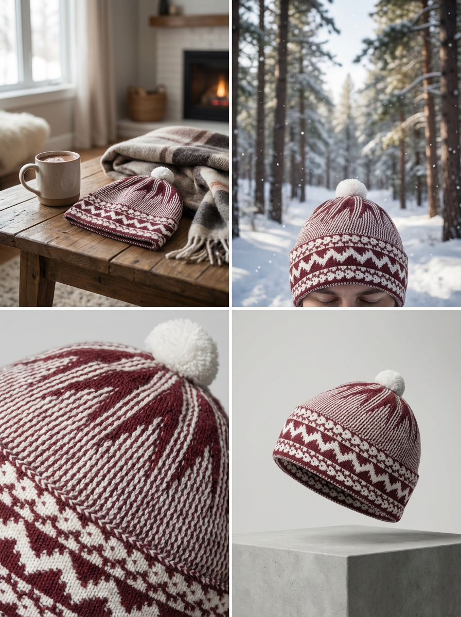 Red & White Pattern Wool Winter Cap