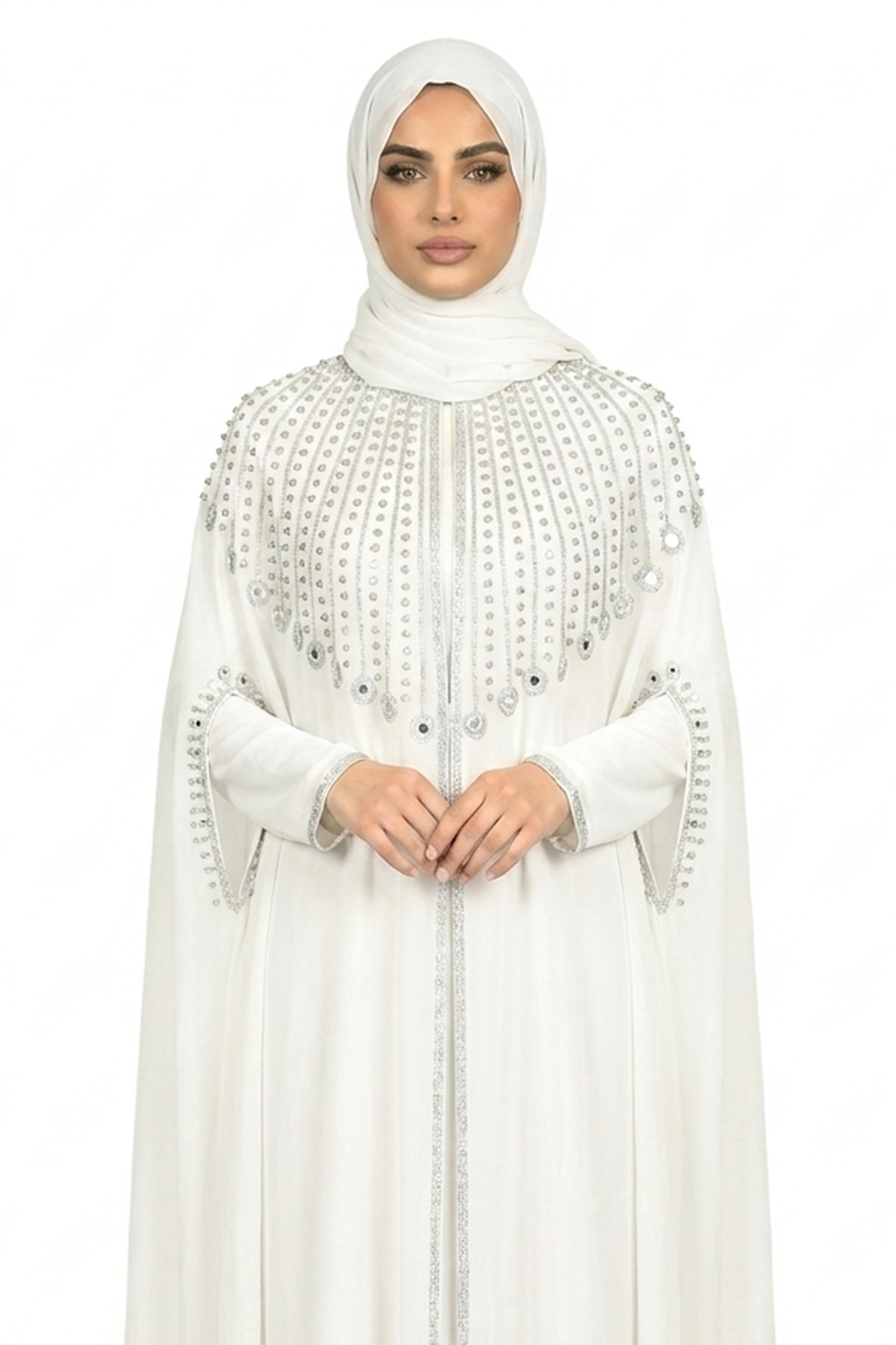 Bit of Blue Elegant Embellished Open Abaya with Sheer Cape