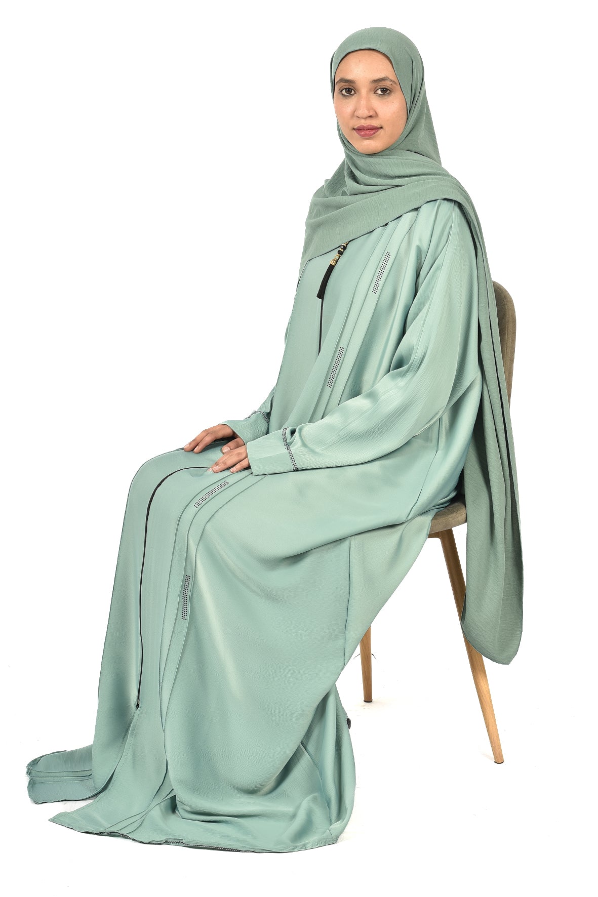 Light Green Abaya with Front Zipper and Rectangular Embroidery – Soft & Elegant Style (ladies abaya )
