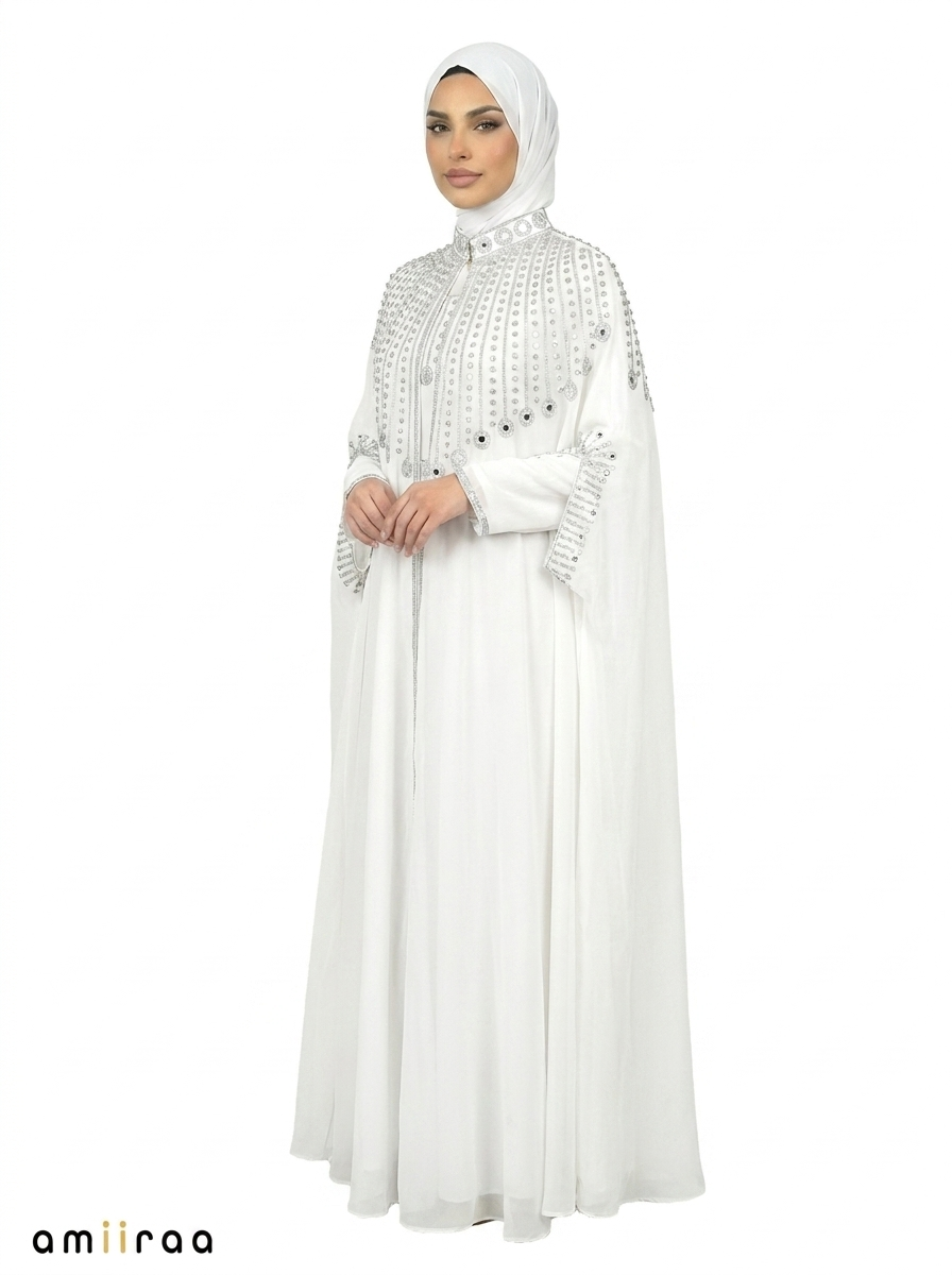 Bit of Blue Elegant Embellished Open Abaya with Sheer Cape