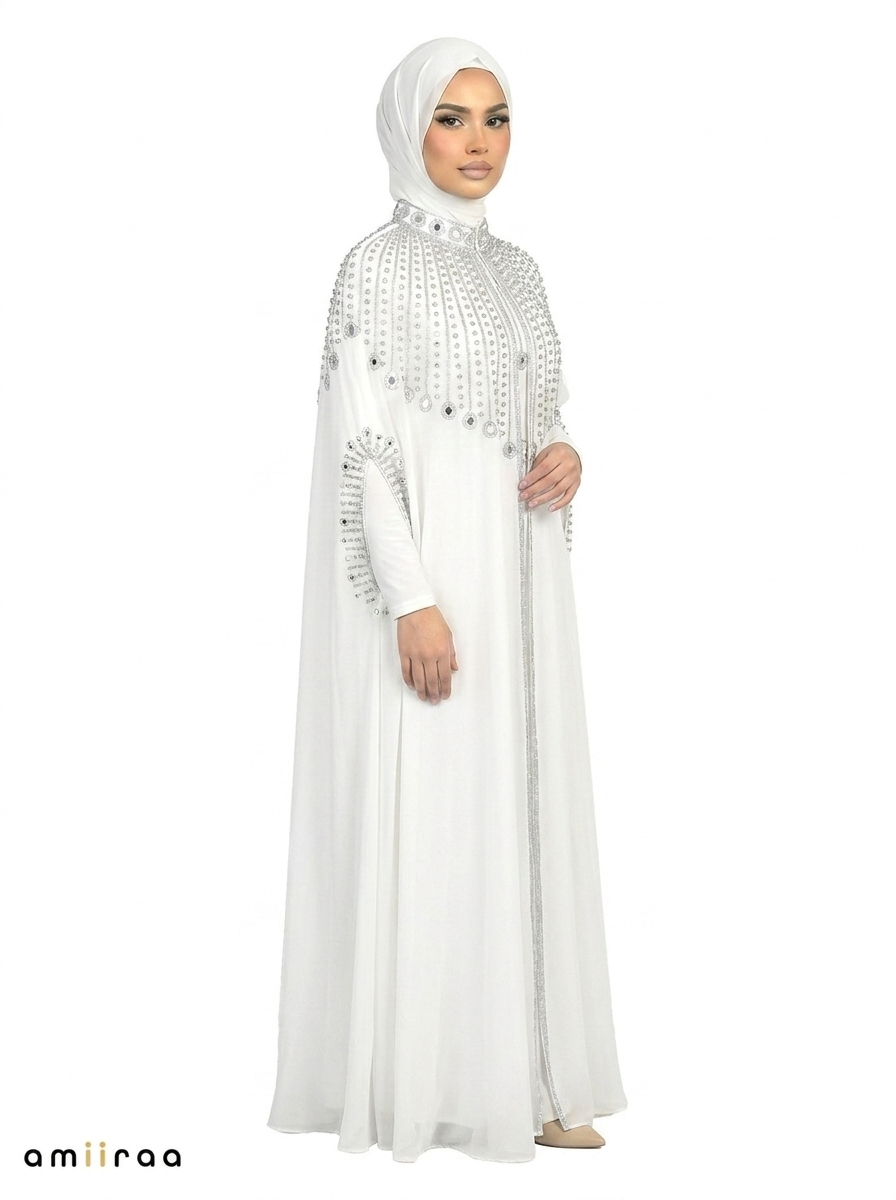 Bit of Blue Elegant Embellished Open Abaya with Sheer Cape
