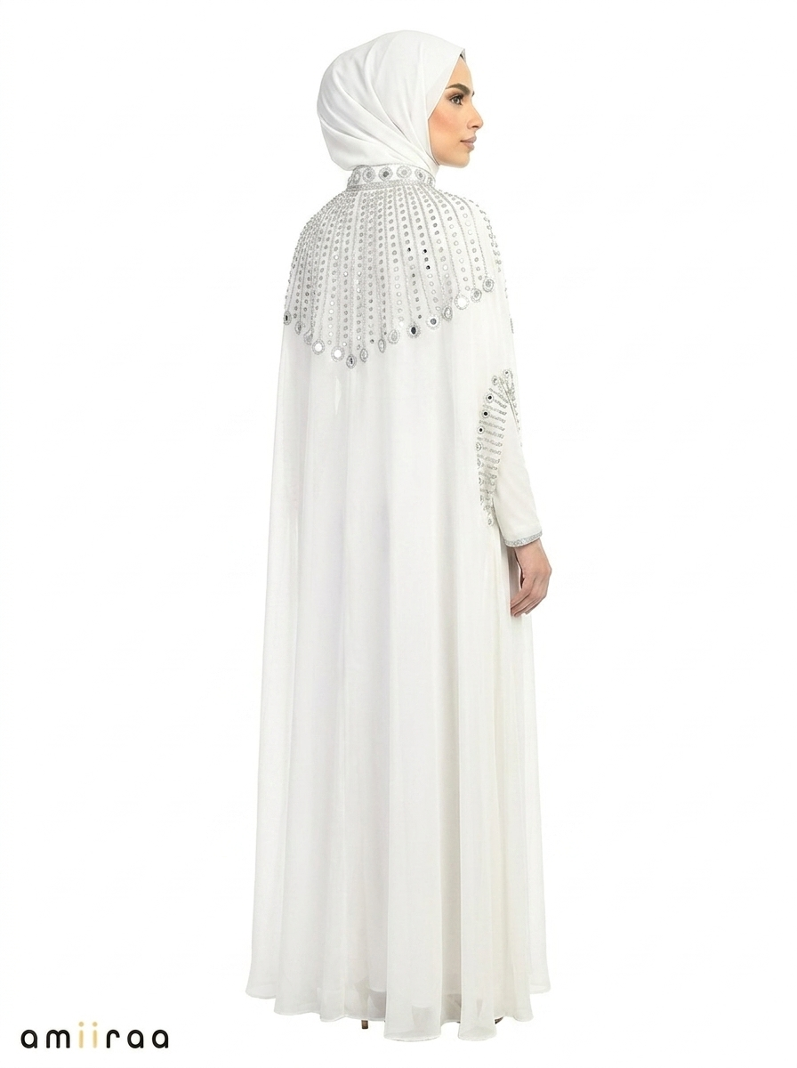 Bit of Blue Elegant Embellished Open Abaya with Sheer Cape