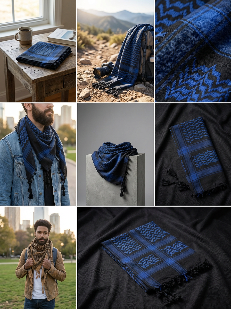 Moroccan Blue Keffiyeh Pattern Tassel Scarf
