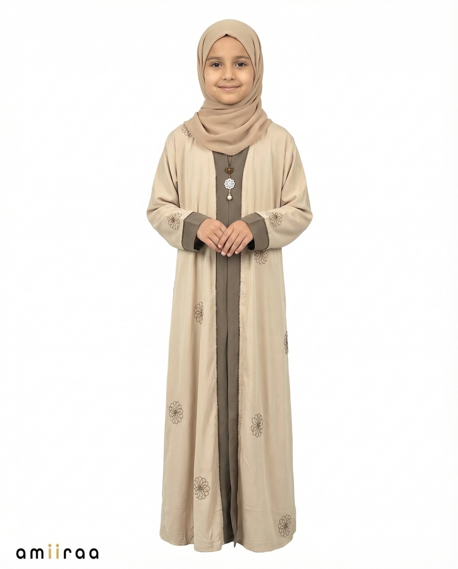 Abbey Stone Girls Floral Embroidered Open Abaya with Inner Dress