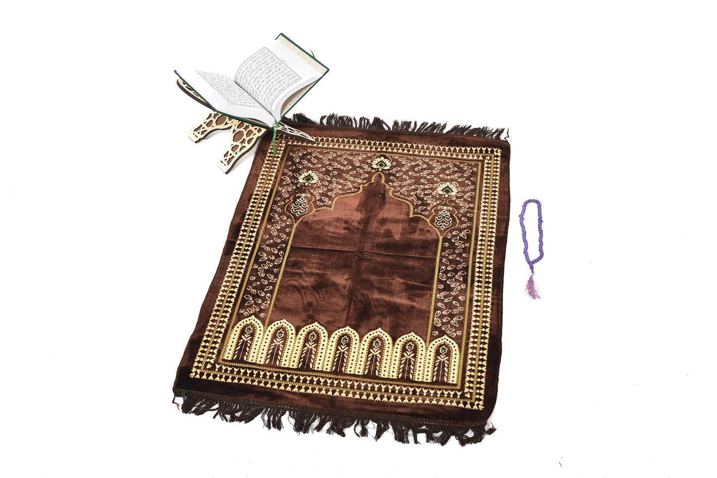 Premium Prayer Rug – Islamic Design with Gold Embroidery on Brown Background ( musallahs )
