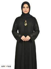 Women’s Elegant Black Abaya with Embossed Sleeve Detail