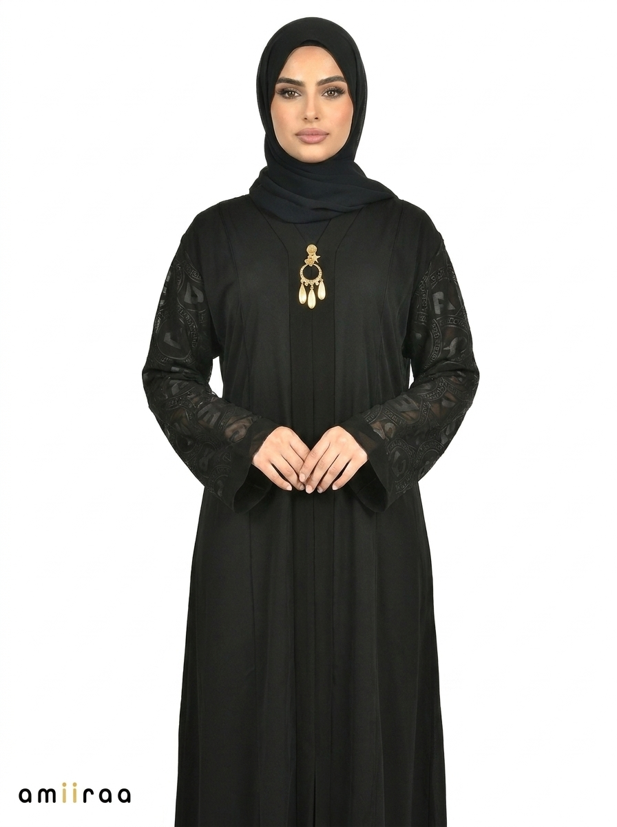 Women’s Elegant Black Abaya with Embossed Sleeve Detail