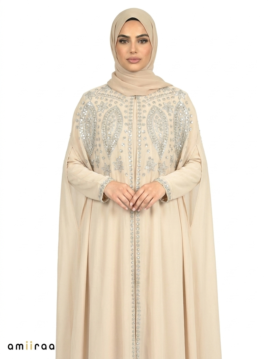Pelican Elegant Intricate Beaded Front Pattern Open Abaya