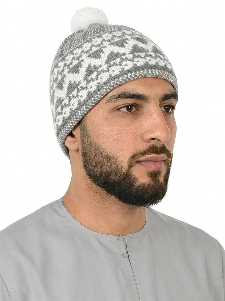 Grey & White Pattern Wool Winter Cap