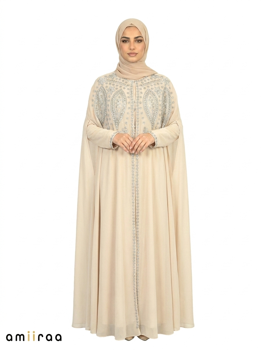 Pelican Elegant Intricate Beaded Front Pattern Open Abaya