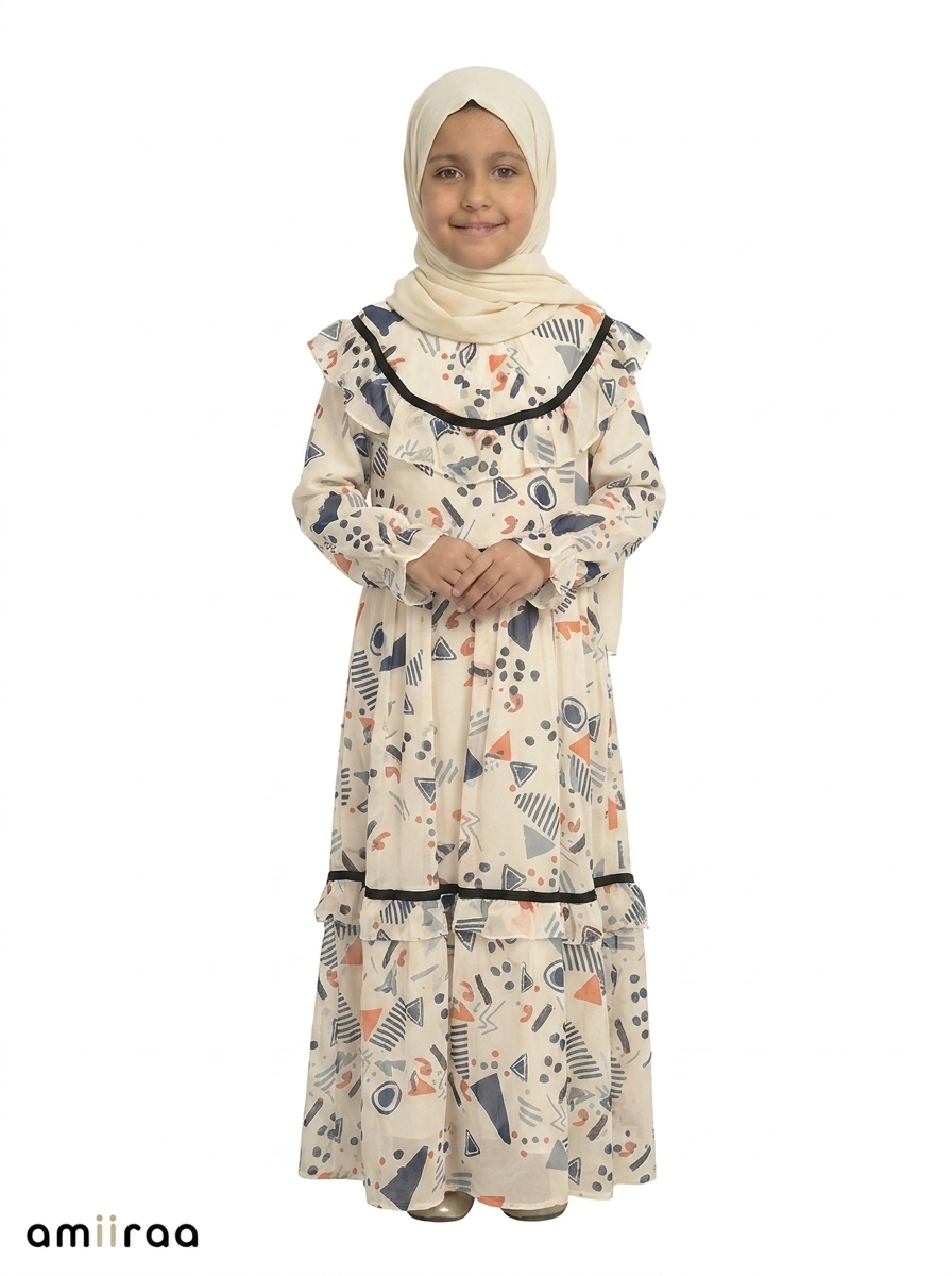 Coronet Blue Girls Abstract Print Frill Maxi Dress
