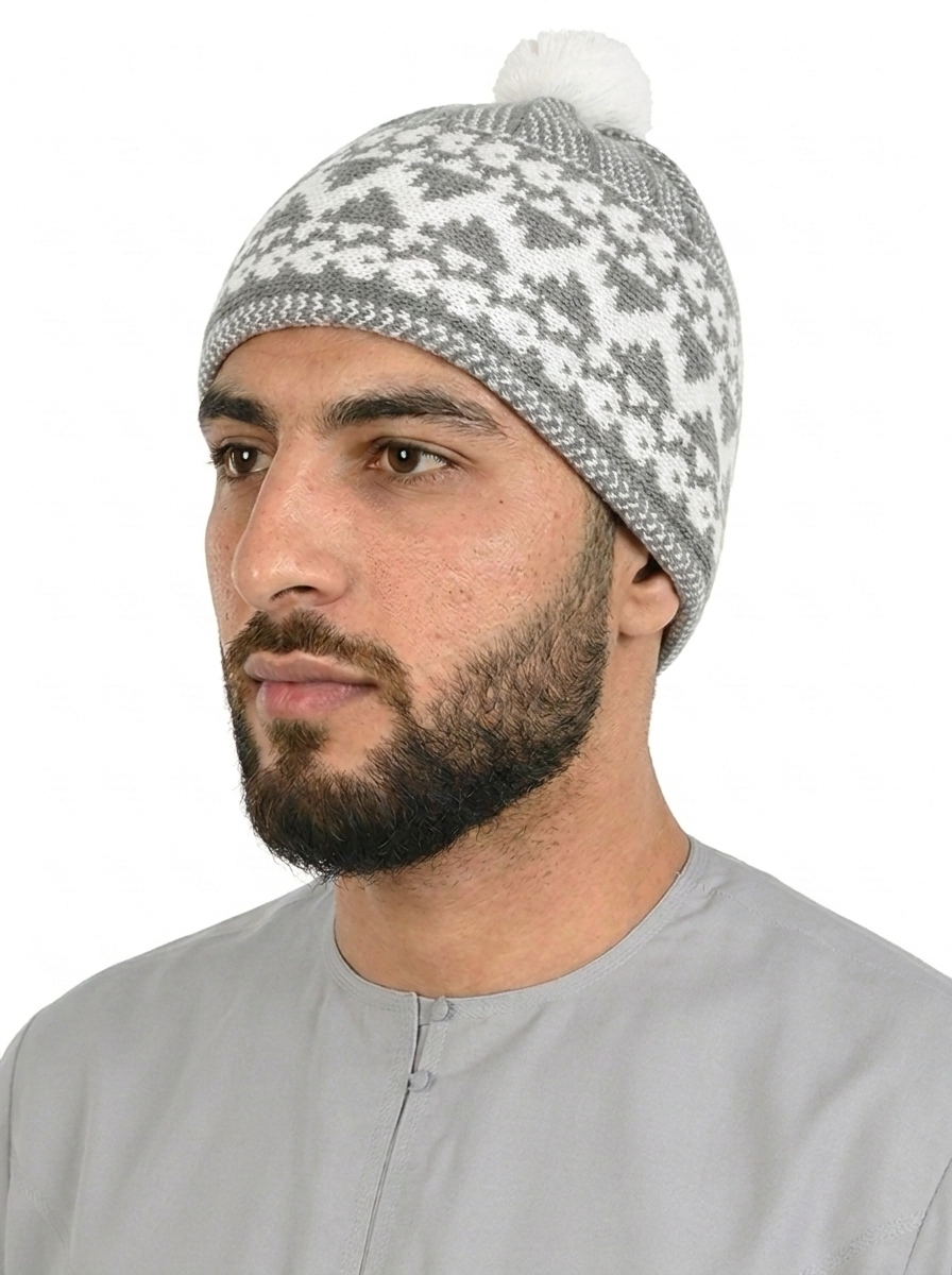 Grey & White Pattern Wool Winter Cap