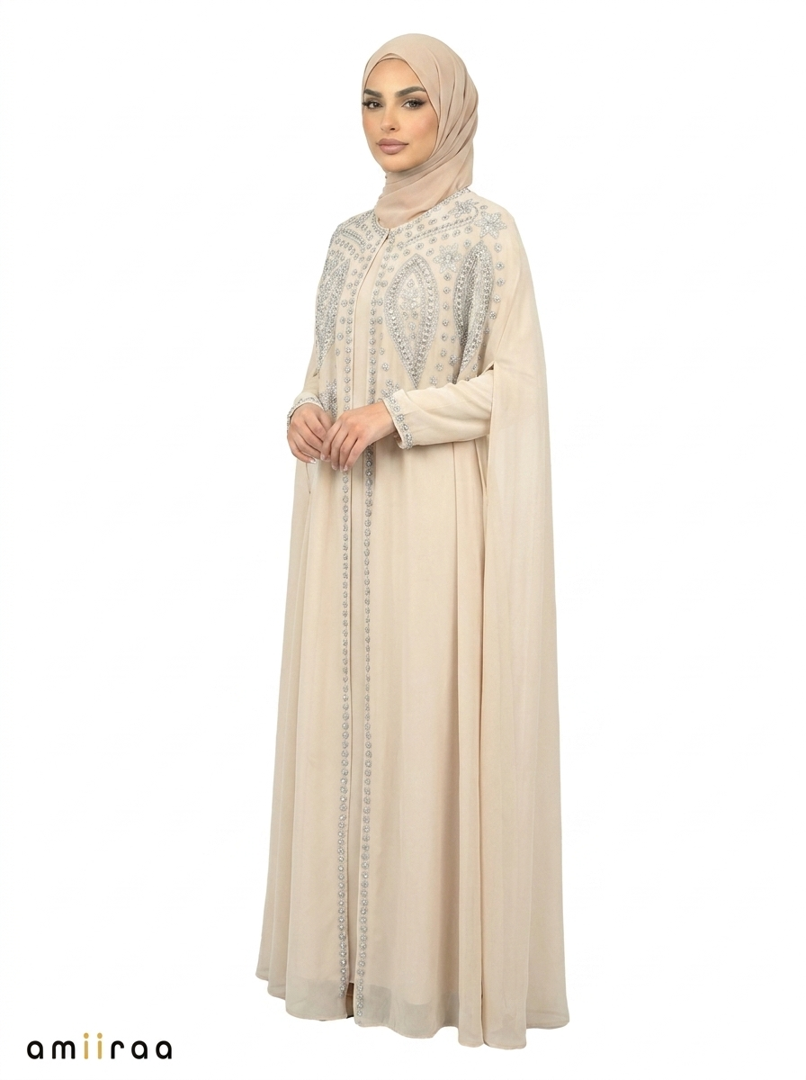 Pelican Elegant Intricate Beaded Front Pattern Open Abaya