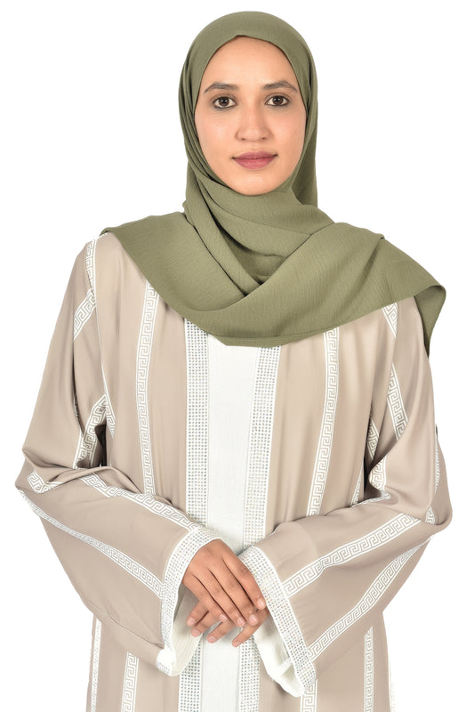 Beige Abaya with White Geometric Stripes – Modern Elegance with Eastern Touch (ladies abaya )