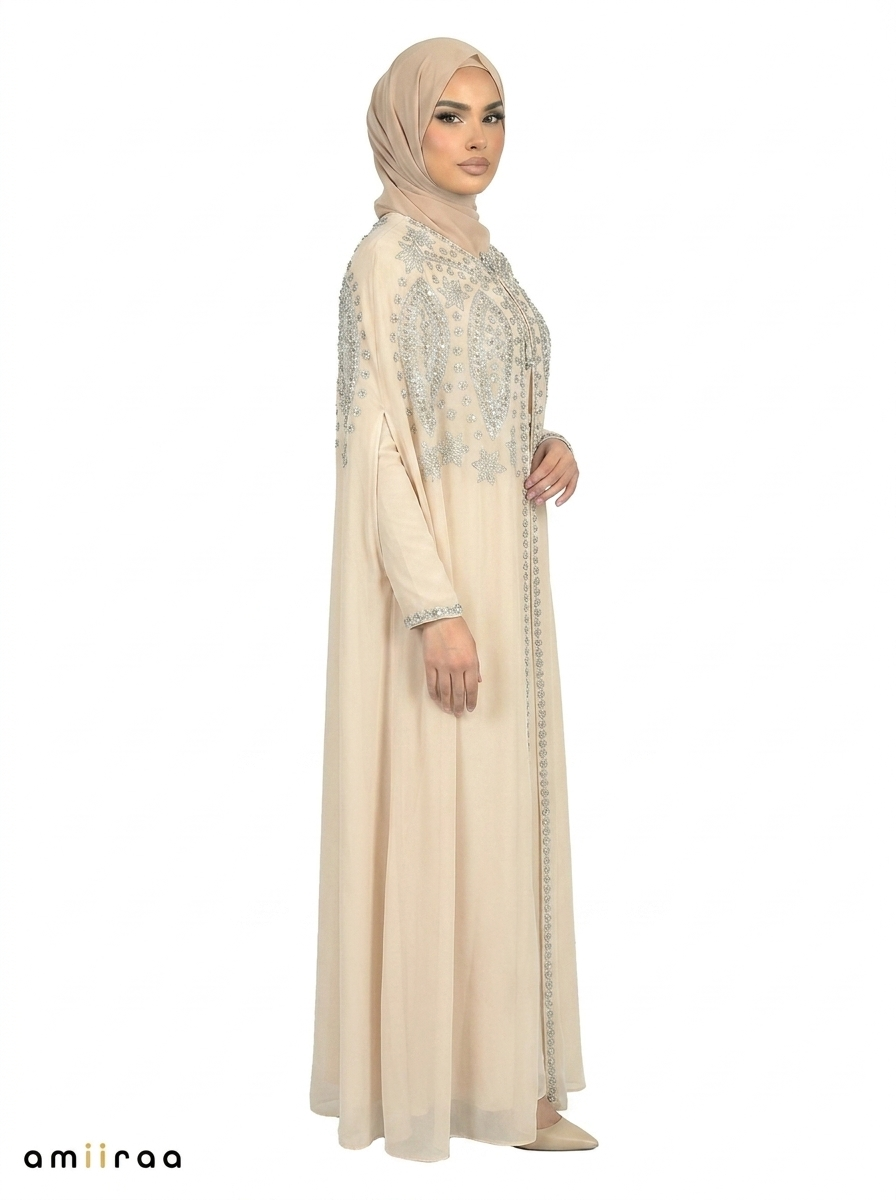 Pelican Elegant Intricate Beaded Front Pattern Open Abaya