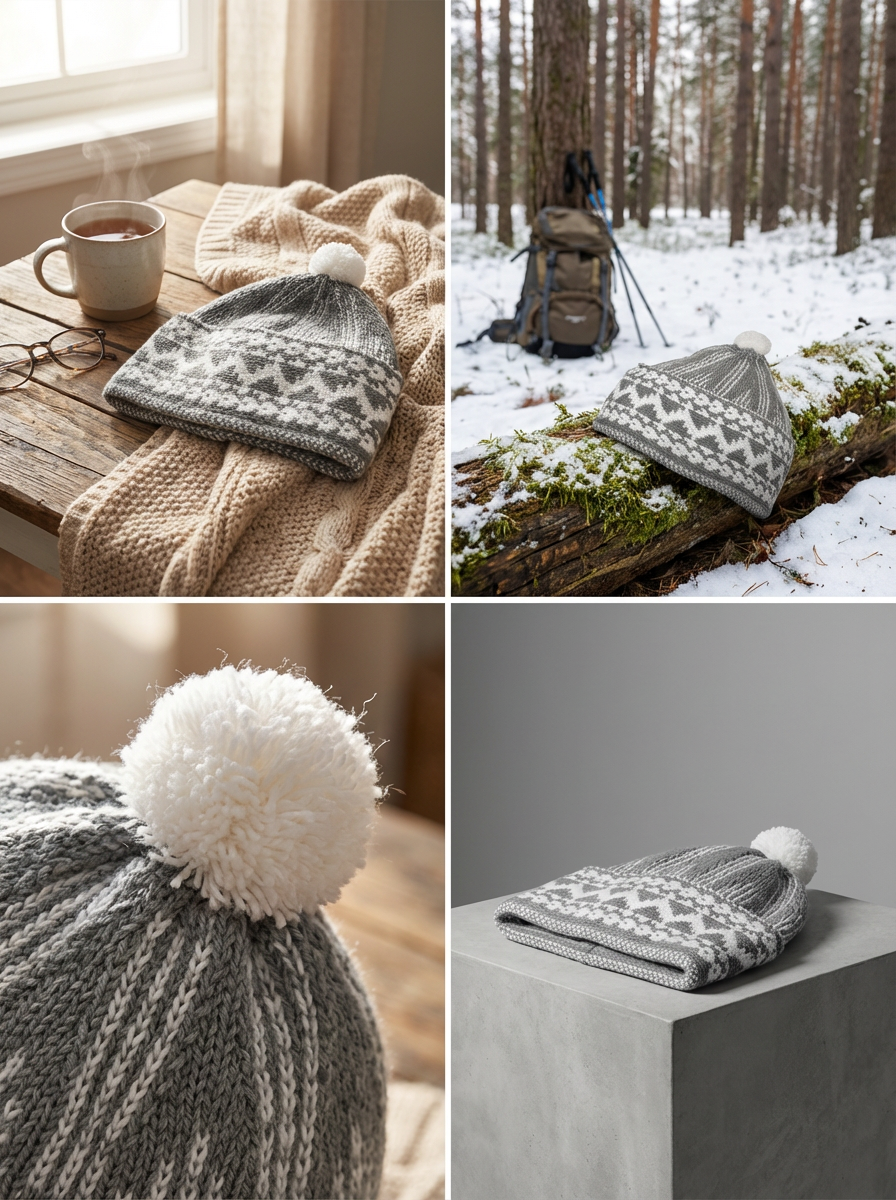 Grey & White Pattern Wool Winter Cap