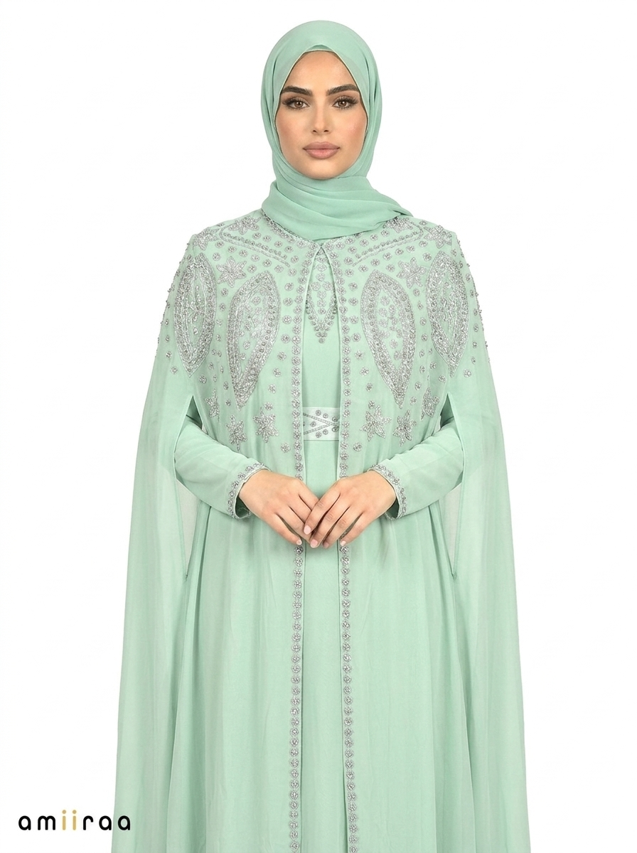 Lichen Elegant Intricate Beaded Front Pattern Open Abaya