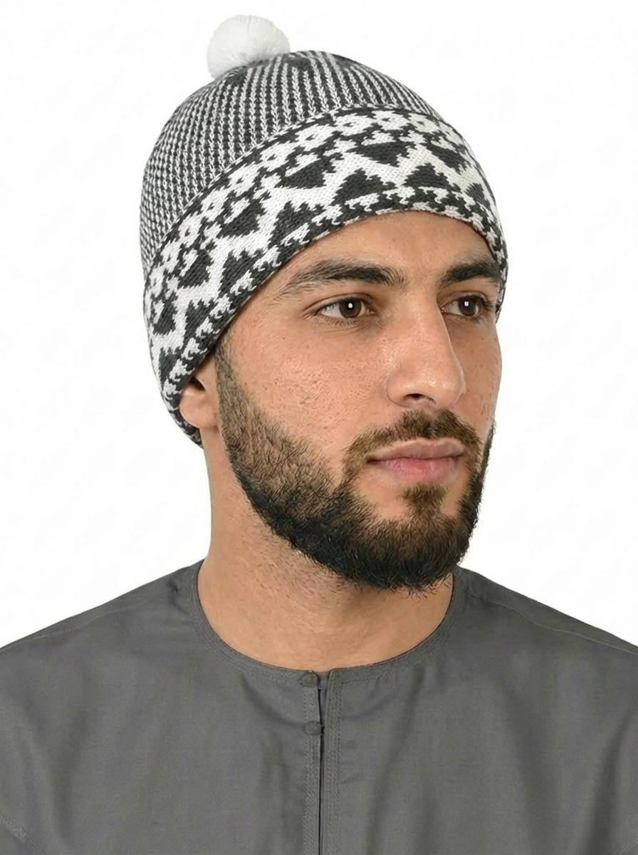 Green & White Pattern Wool Winter Cap