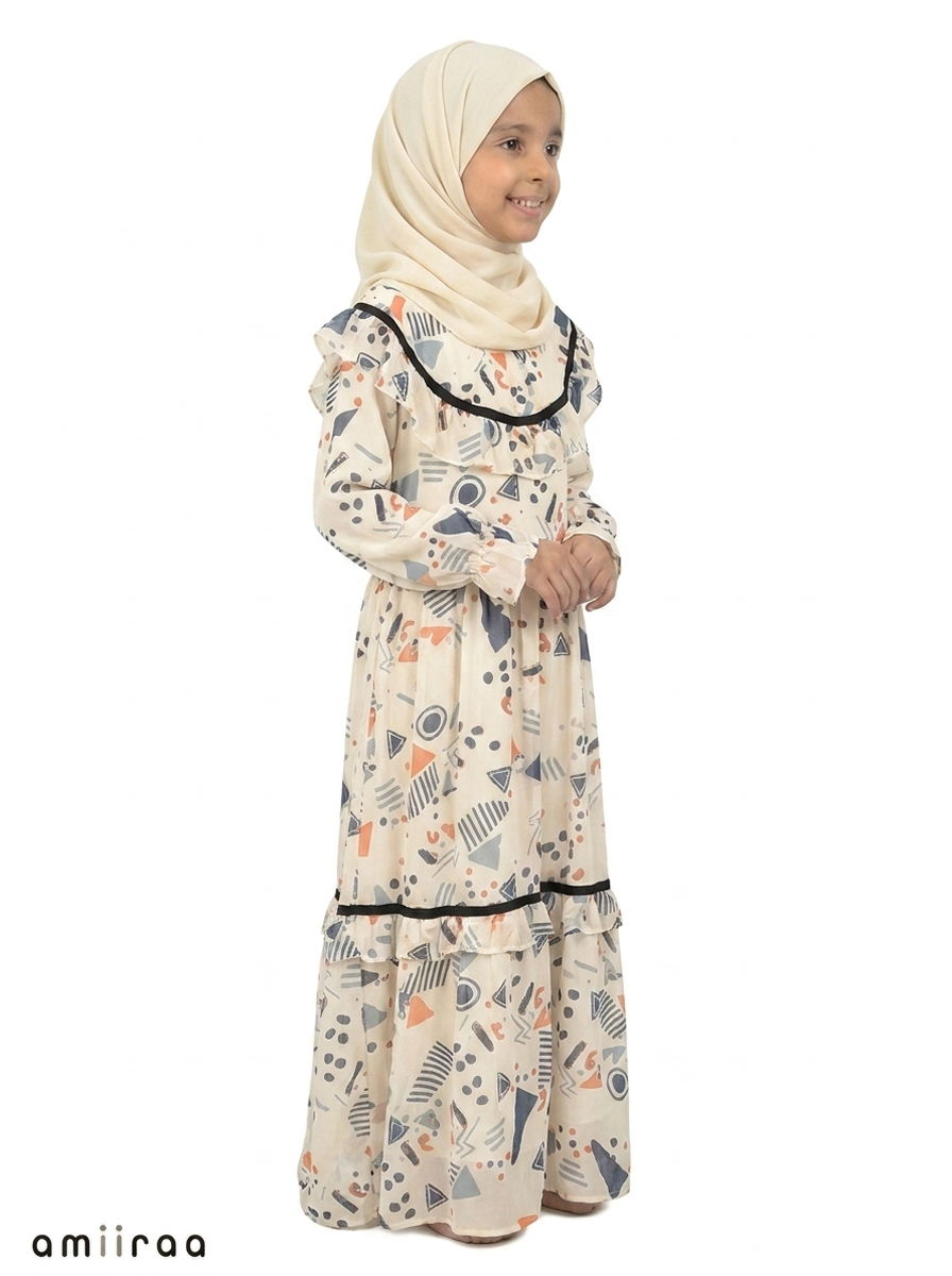 Coronet Blue Girls Abstract Print Frill Maxi Dress