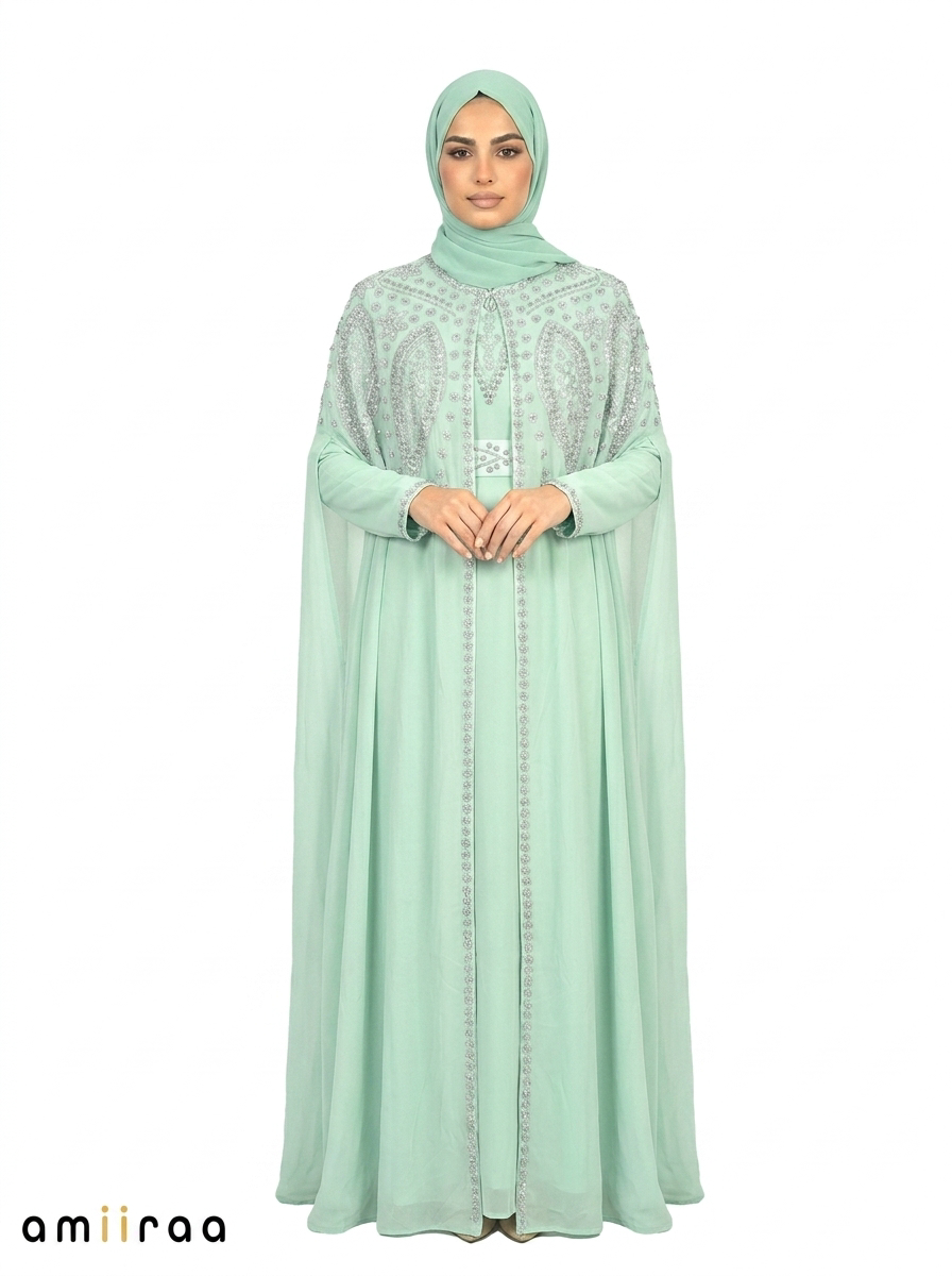 Lichen Elegant Intricate Beaded Front Pattern Open Abaya