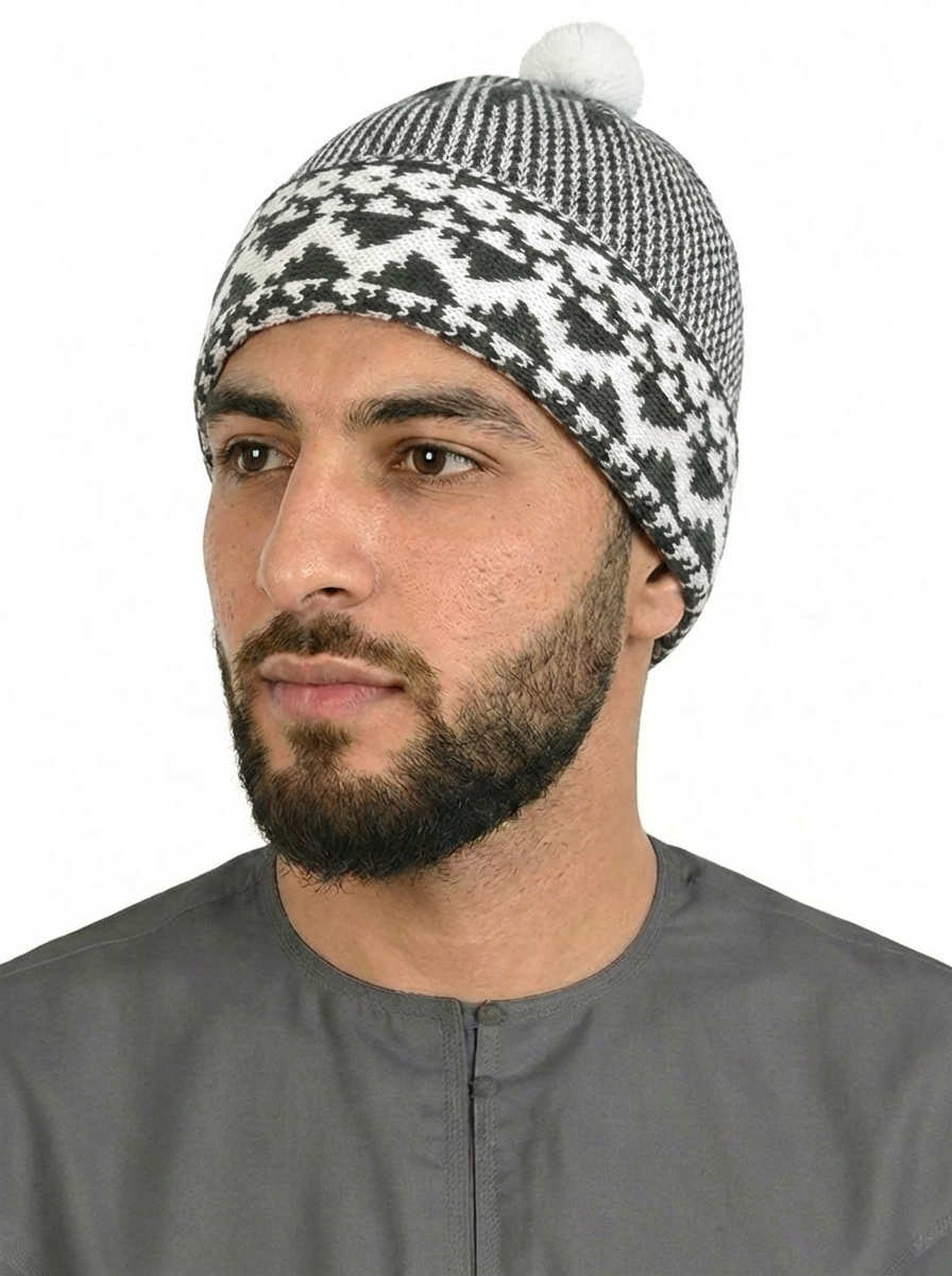 Green & White Pattern Wool Winter Cap