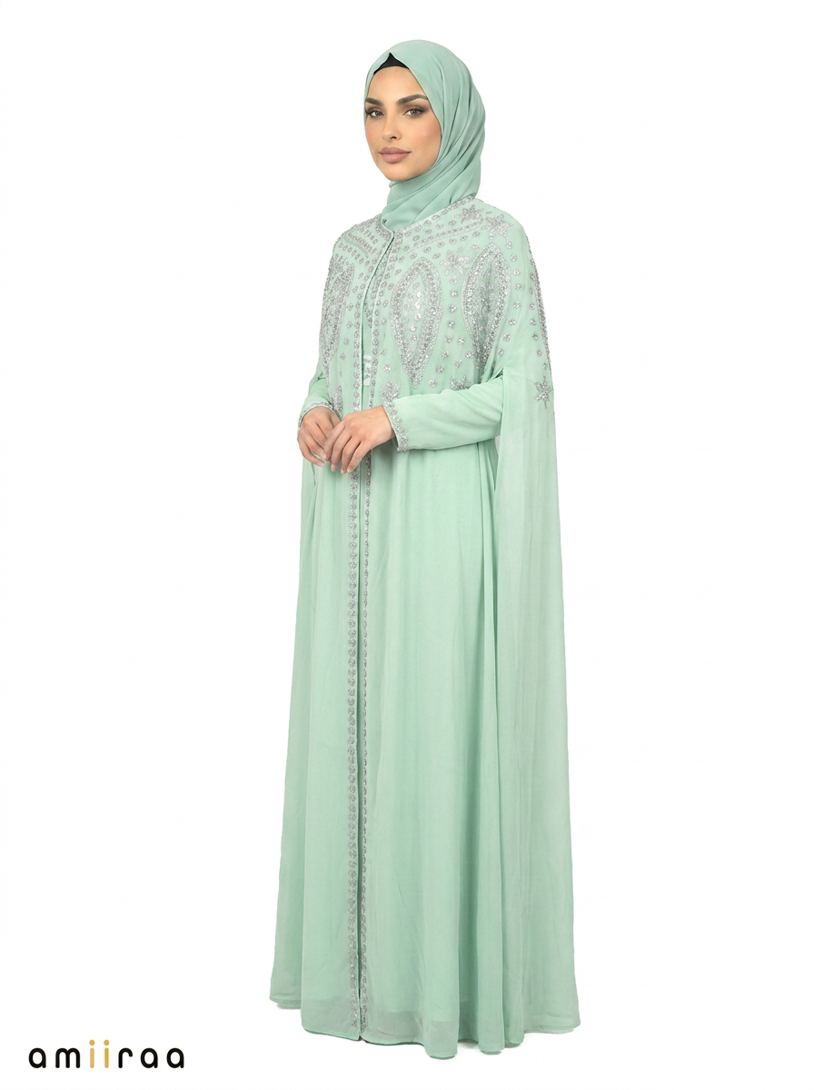 Lichen Elegant Intricate Beaded Front Pattern Open Abaya
