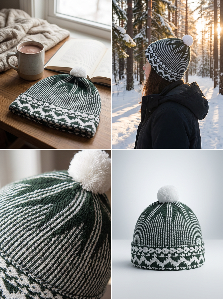 Green & White Pattern Wool Winter Cap