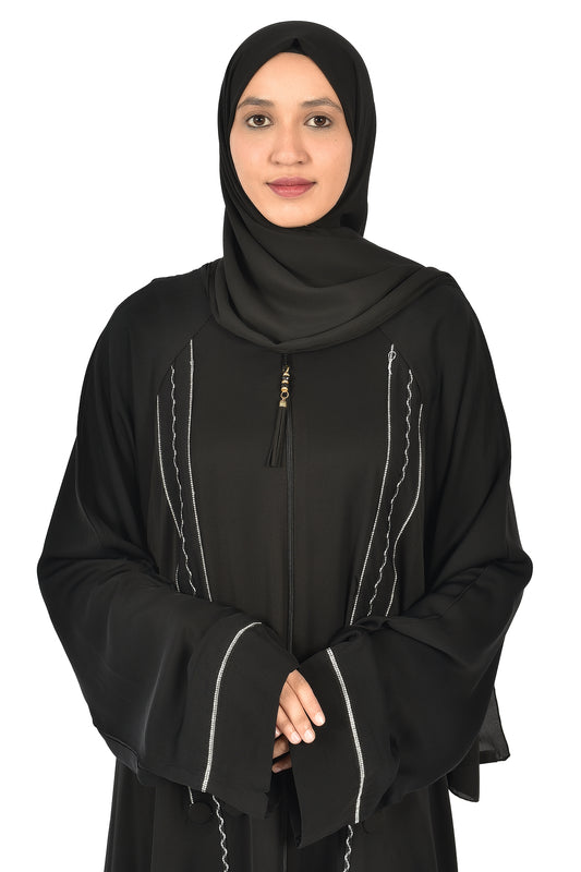 Black Abaya with Wavy White Embroidery – Elegant Design with Artistic Touch ( ladies abaya )