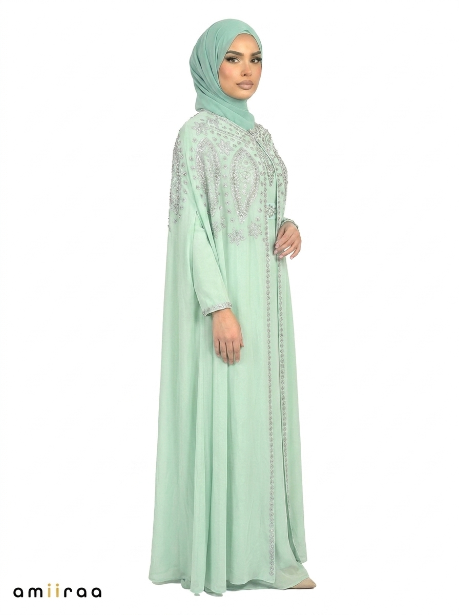 Lichen Elegant Intricate Beaded Front Pattern Open Abaya