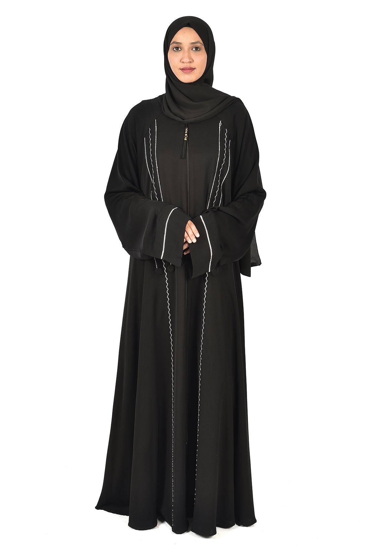 Black Abaya with Wavy White Embroidery – Elegant Design with Artistic Touch ( ladies abaya )