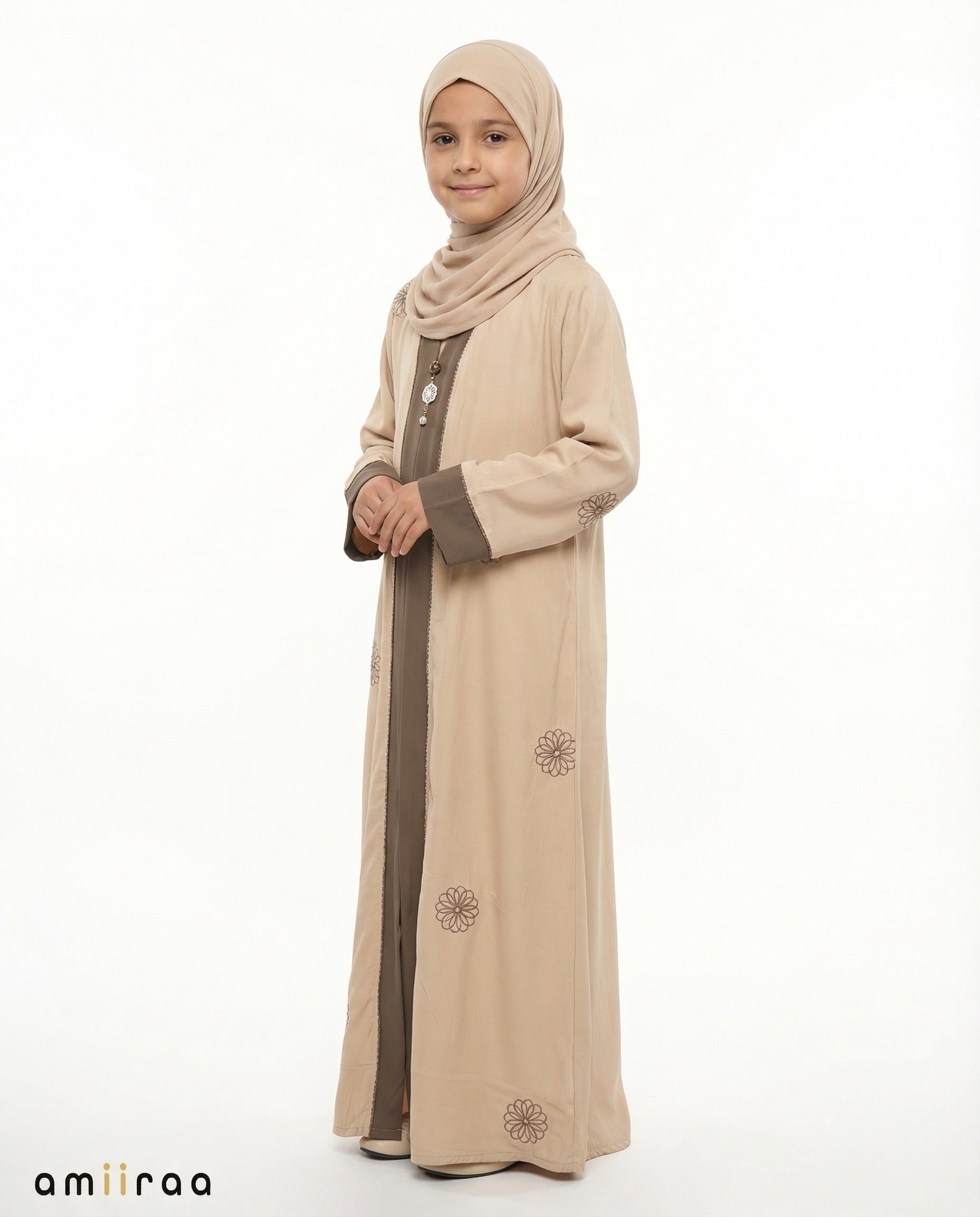 Abbey Stone Girls Floral Embroidered Open Abaya with Inner Dress